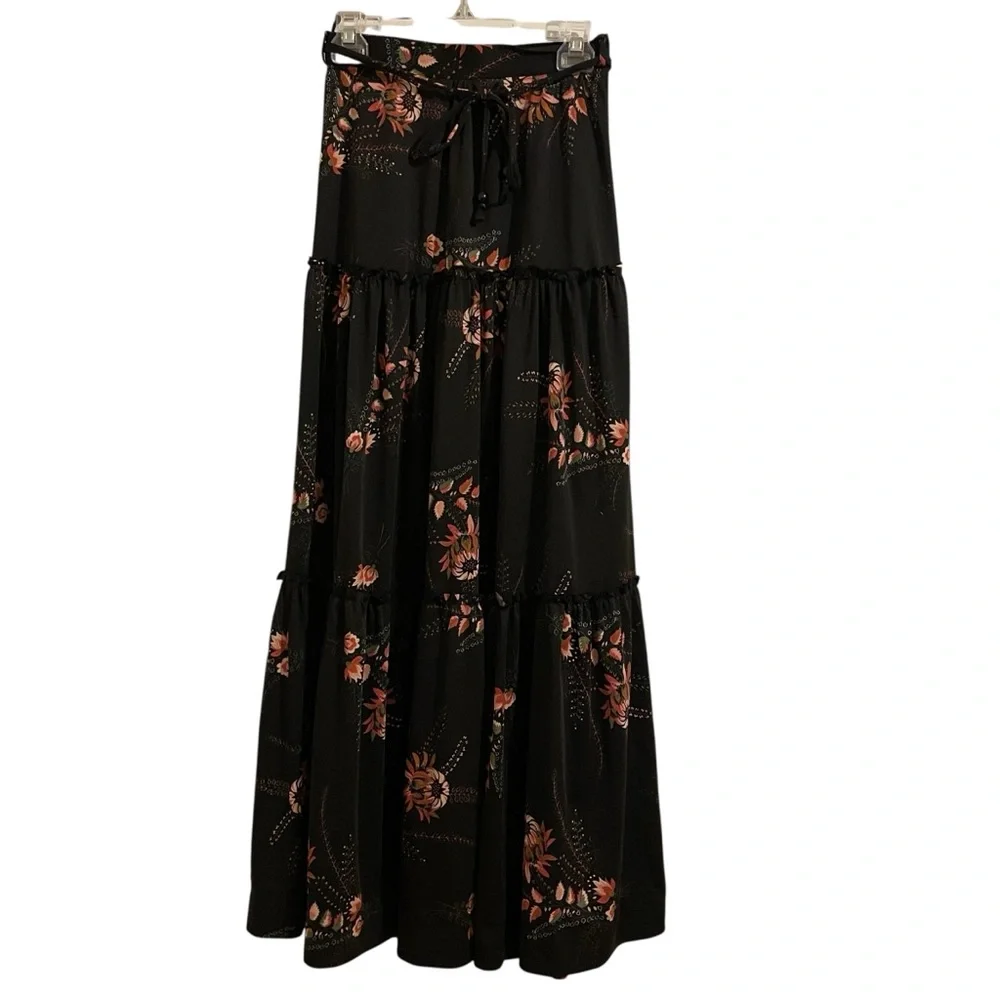 VINTAGE 70s Floral Black Ruffle Tier Maxi Skirt Prairie Hippie Boho Whimsigoth